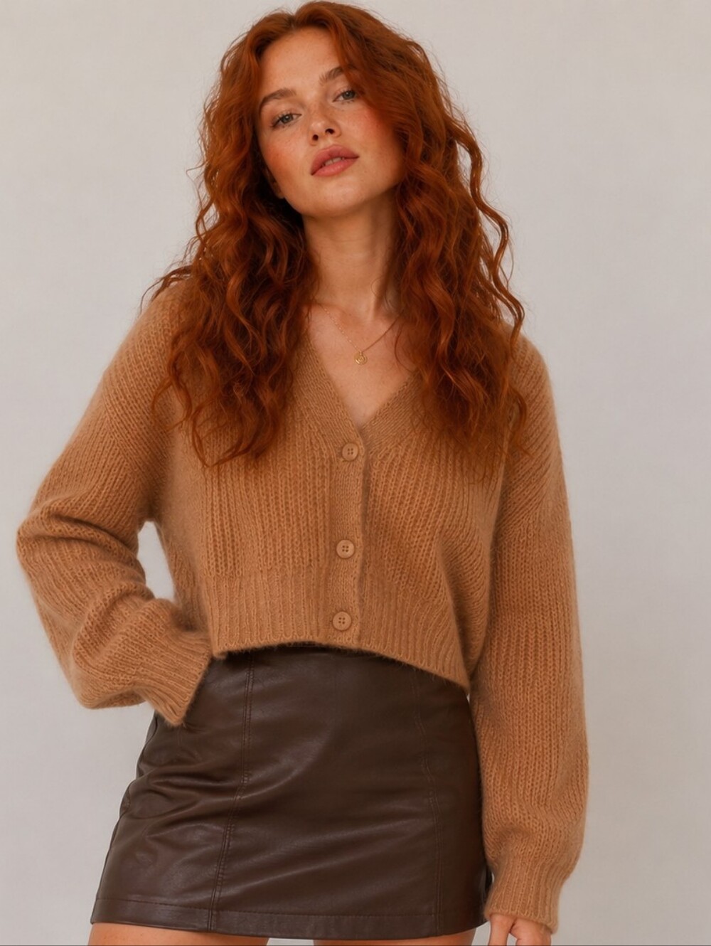TOPSHOP Waffle Knit Crop Cardigan Camel Tan M